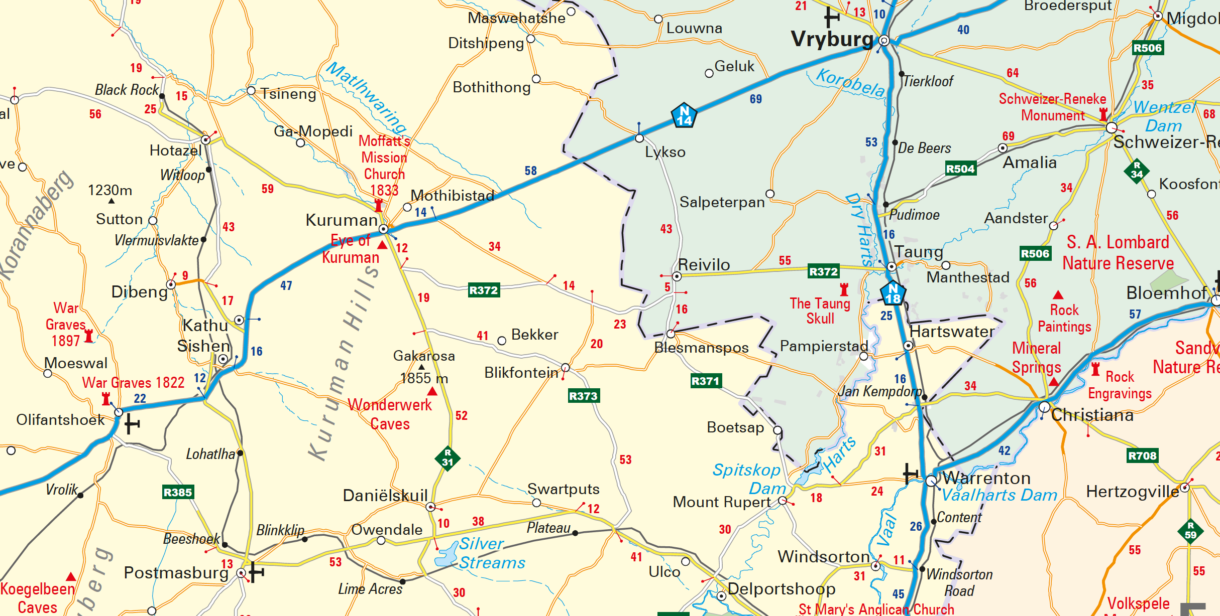 Map of the Northern Cape and North West provinces with main towns and roads featured.