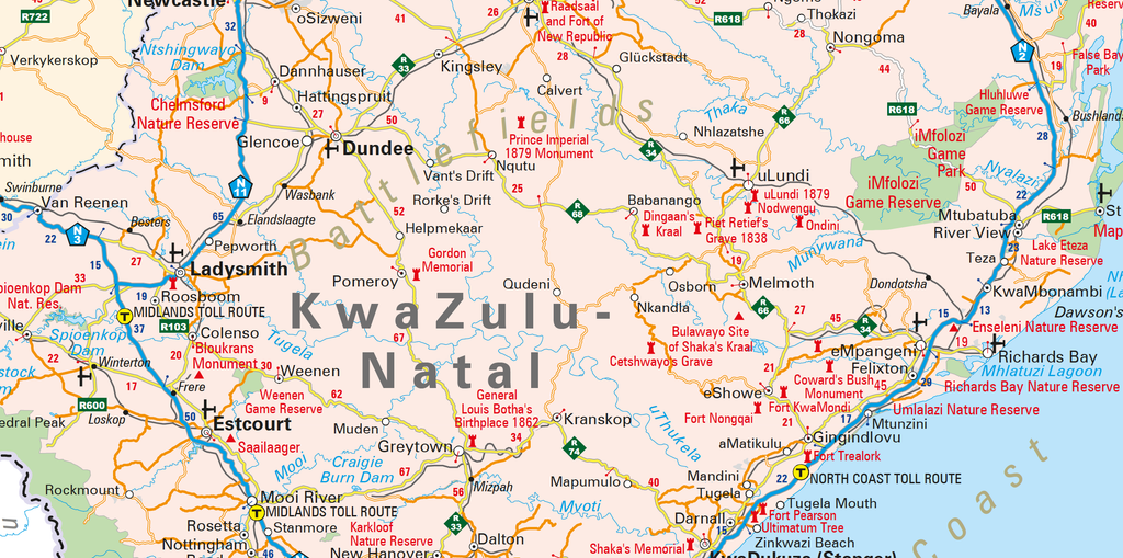 Map of KwaZulu-Natal with historical sites featuring prominently.