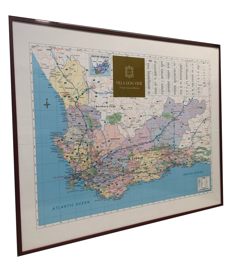 Framed map of South Africa with a visible brand logo on a white background