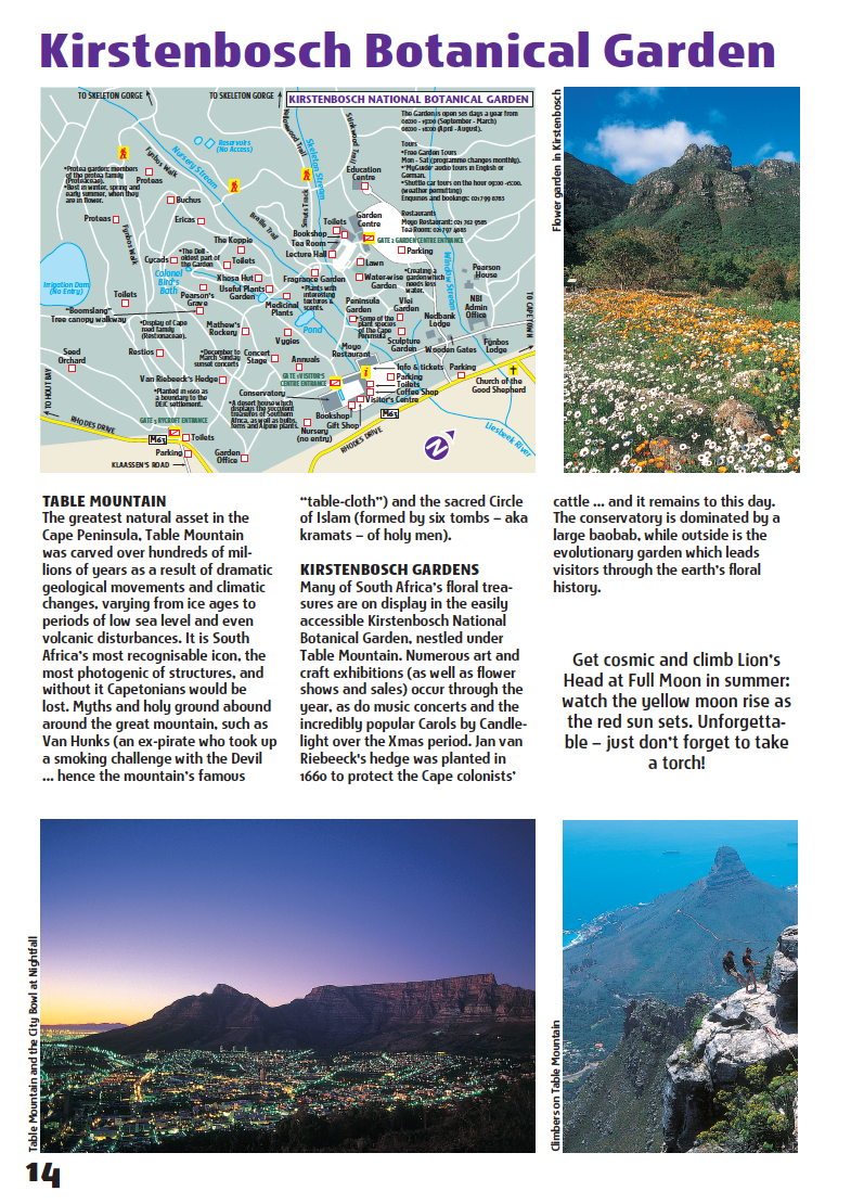 Page from a travel guidebook featuring Kirstenbosch Botanical Garden with maps, scenic views, and text.