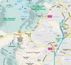 Map of Cape Town with Table Mountain National Park and Kirstenbosch National Botanical Garden highlighted.