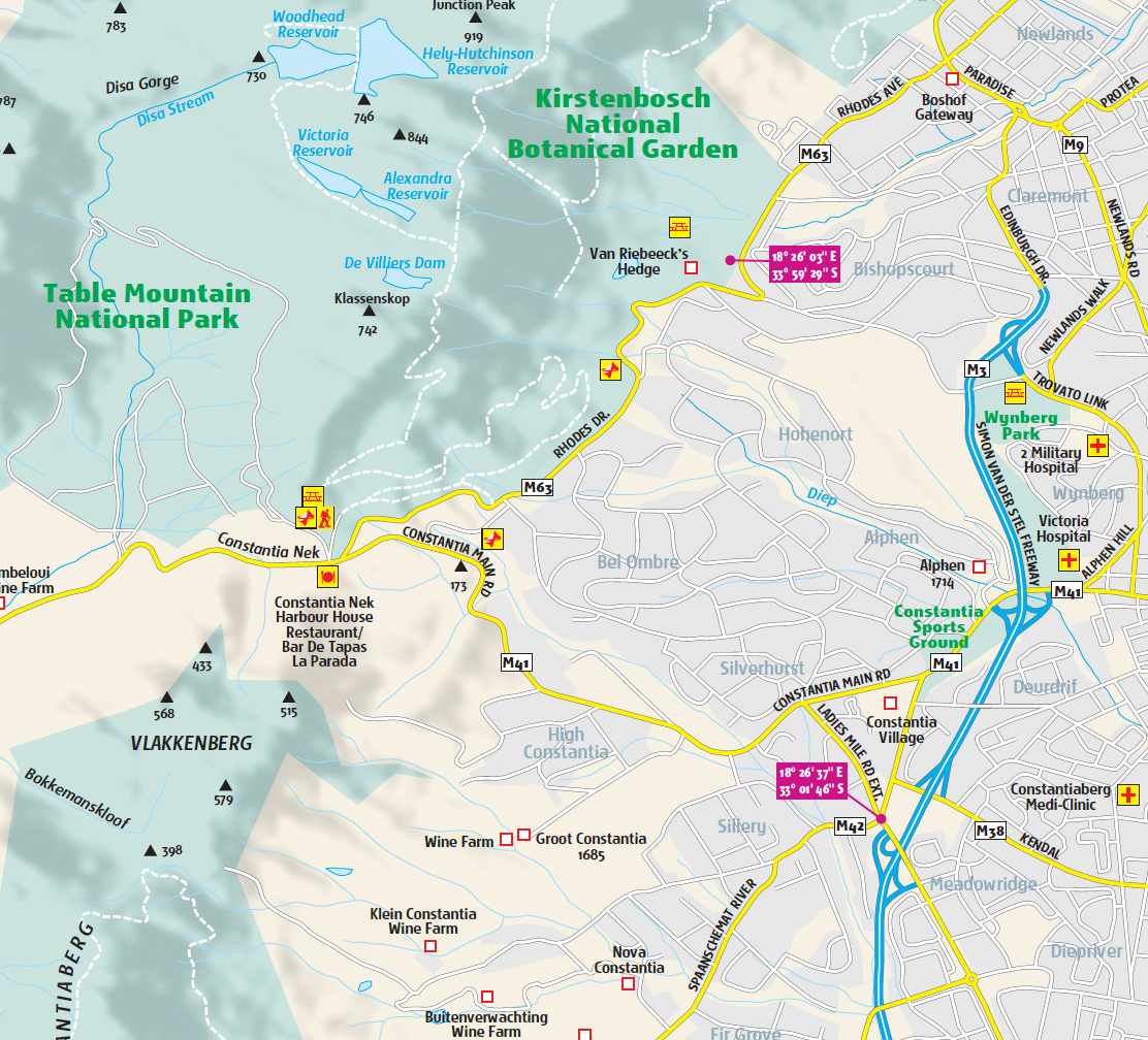 Map of Cape Town with Table Mountain National Park and Kirstenbosch National Botanical Garden highlighted.