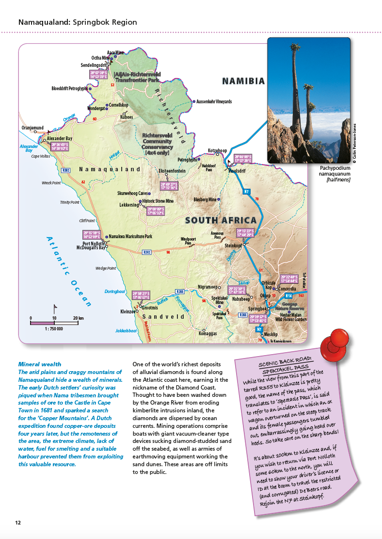 Page from a visitor's guidebook, featuring a map on the Northern Cape of South Africa and a photo of a succelent.