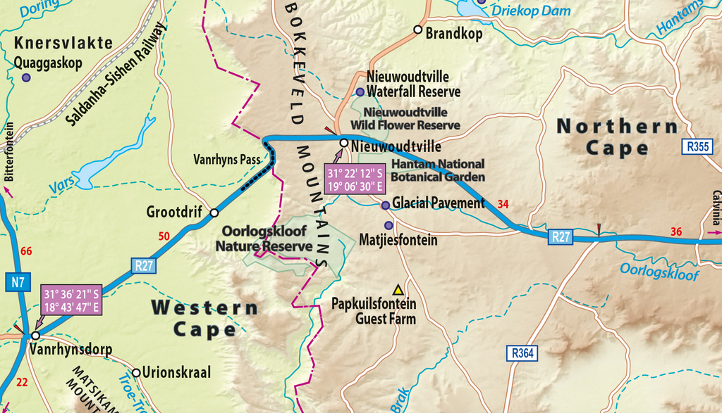 Map focussed on Nieuwoudtville, near the border of the Northern Cape and Western Cape