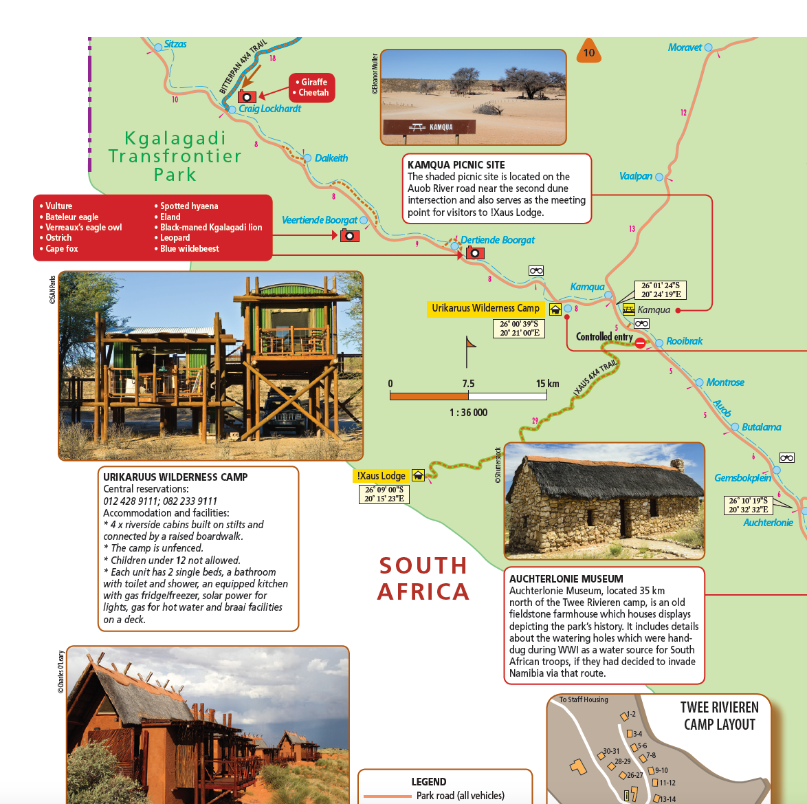 Map of Kgalagadi Transfrontier Park with facilities, rest camps and routes labelled.
