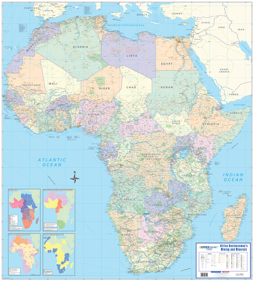 Map of Africa with country names and a scale bar, featuring insets of Africa showcasing different information.