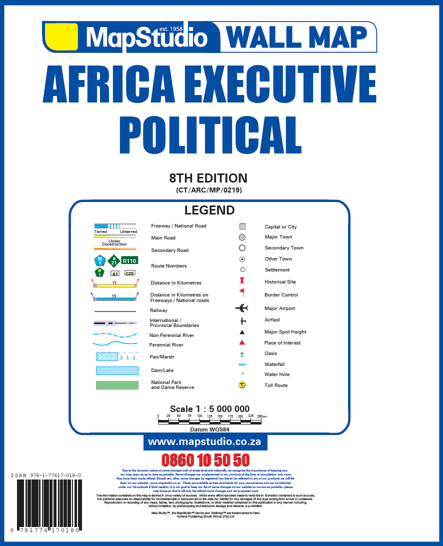 MapStudio Africa Executive Political wall map legend and contact information.
