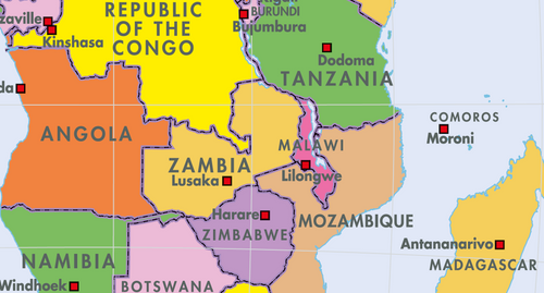 Map of southern and central Africa with countries colored by region.