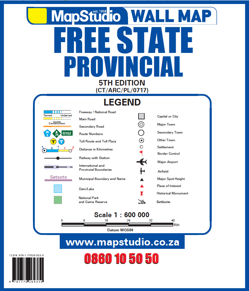MapStudio wall map of Free State Provincial legend and branding details.