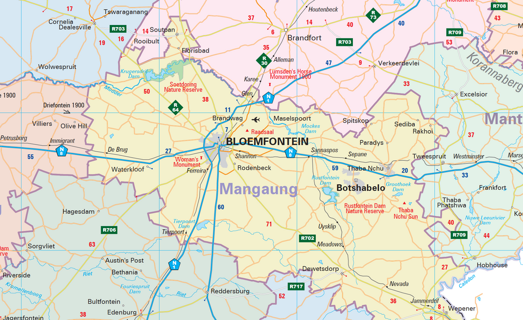 Map of Bloemfontein and surrounding areas with various labels and markers.