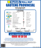 MapStudio Gauteng Provincial wall map legend and contact information.