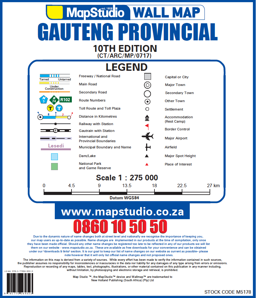 MapStudio Gauteng Provincial wall map legend and contact information.