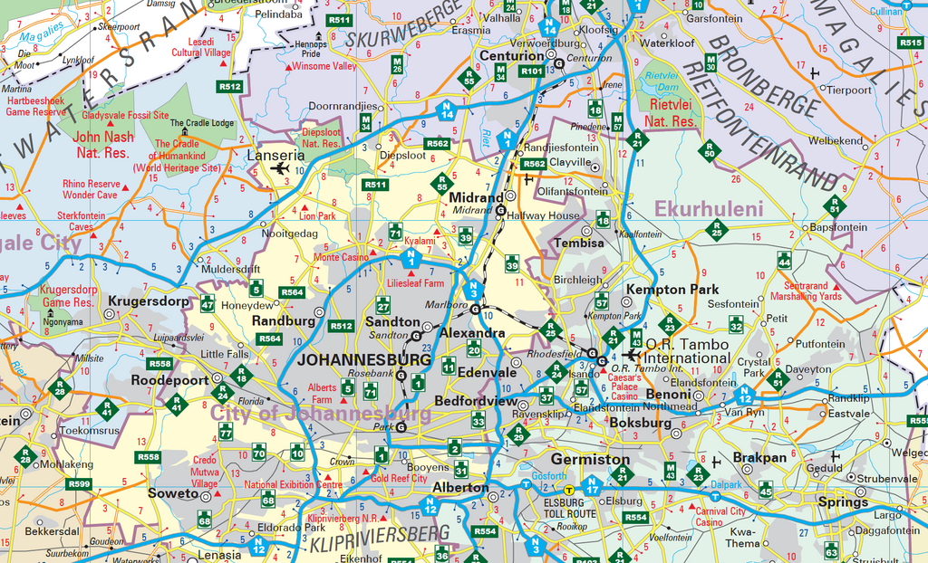 Map of Gauteng and surrounding areas with various labels and colours.
