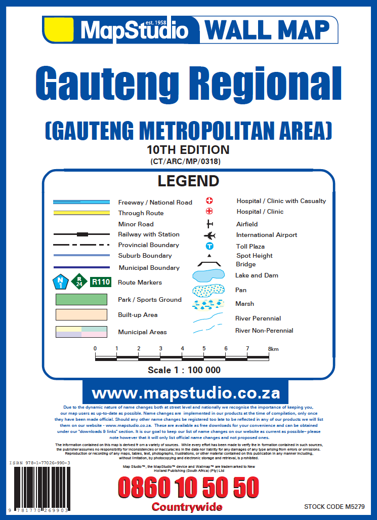 MapStudio wall map of Gauteng Regional legend and contact information.