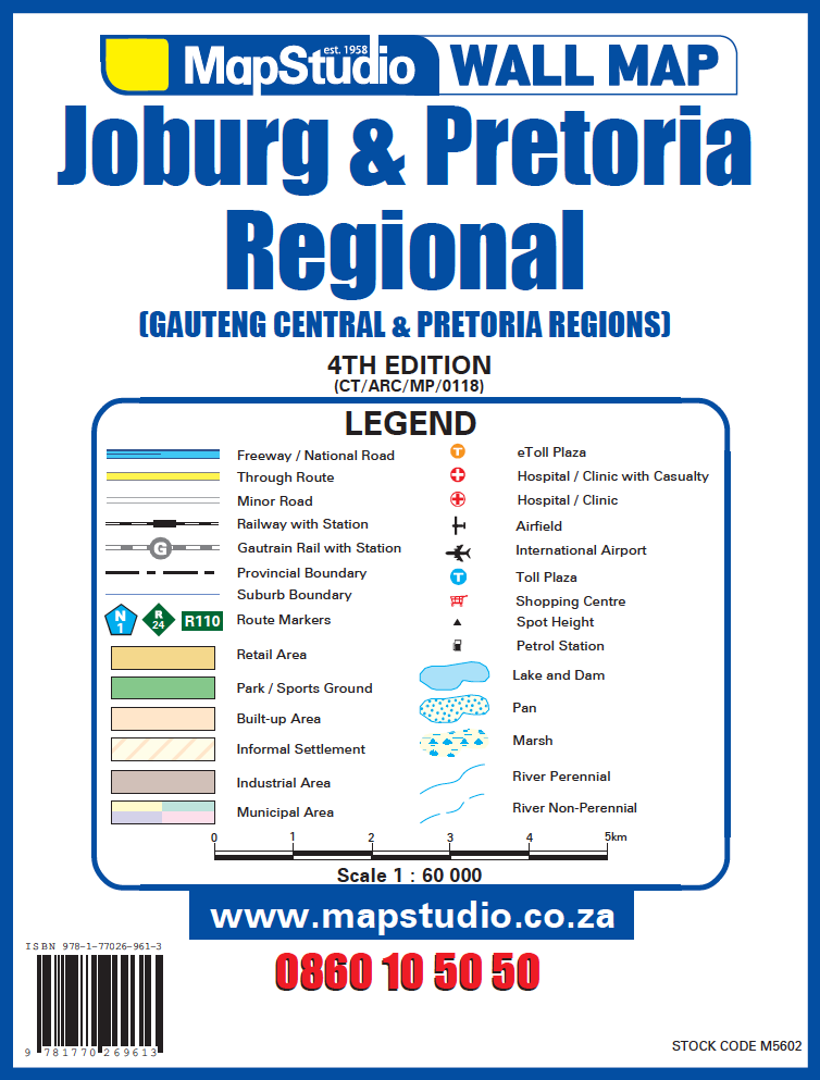 MapStudio wall map of Joburg & Pretoria Regional legend and contact information.