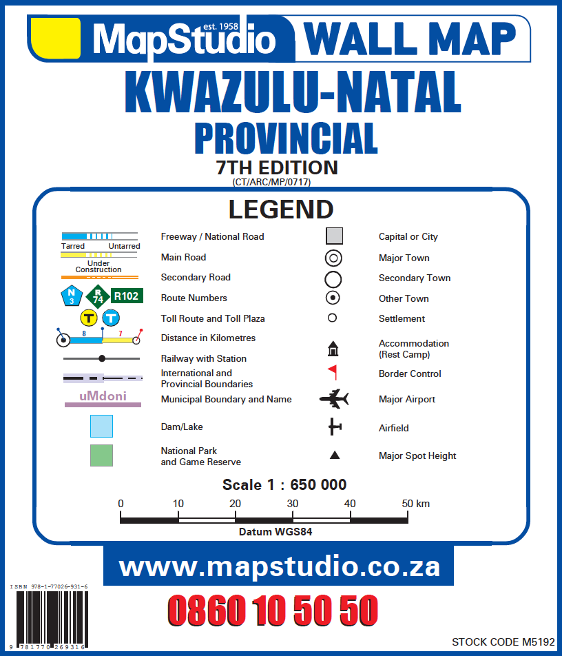 MapStudio wall map of Kwazulu-Natal Provincial legend and scale.