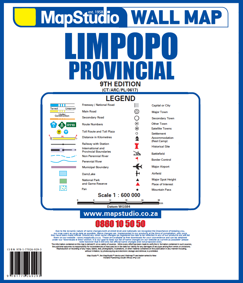 MapStudio Limpopo Provincial wall map legend and contact information.