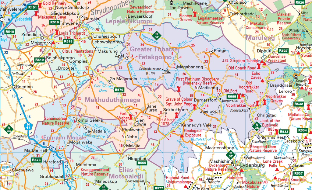 Colourful map of a region of Mpumalanga province with various labels and markers