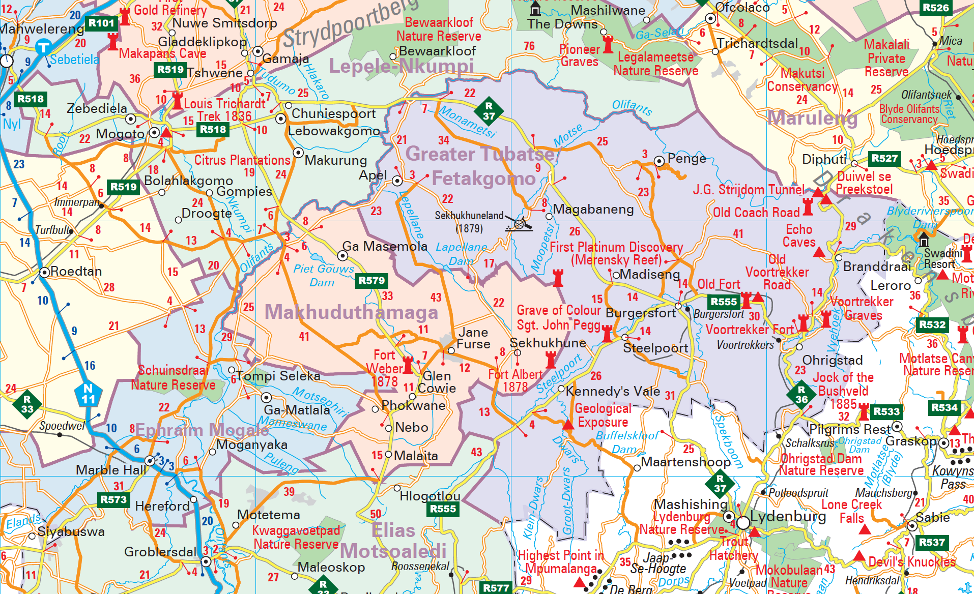 Colourful map of a region of Mpumalanga province with various labels and markers