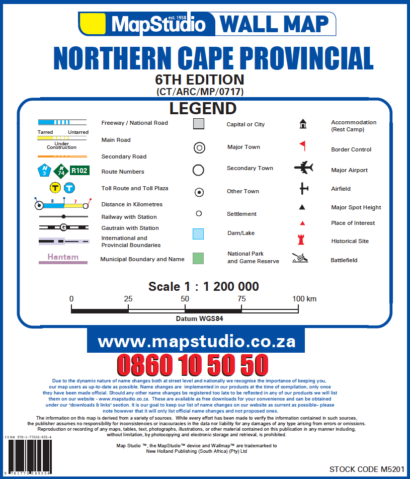 MapStudio wall map of the Northern Cape Provincial legend and scale information.