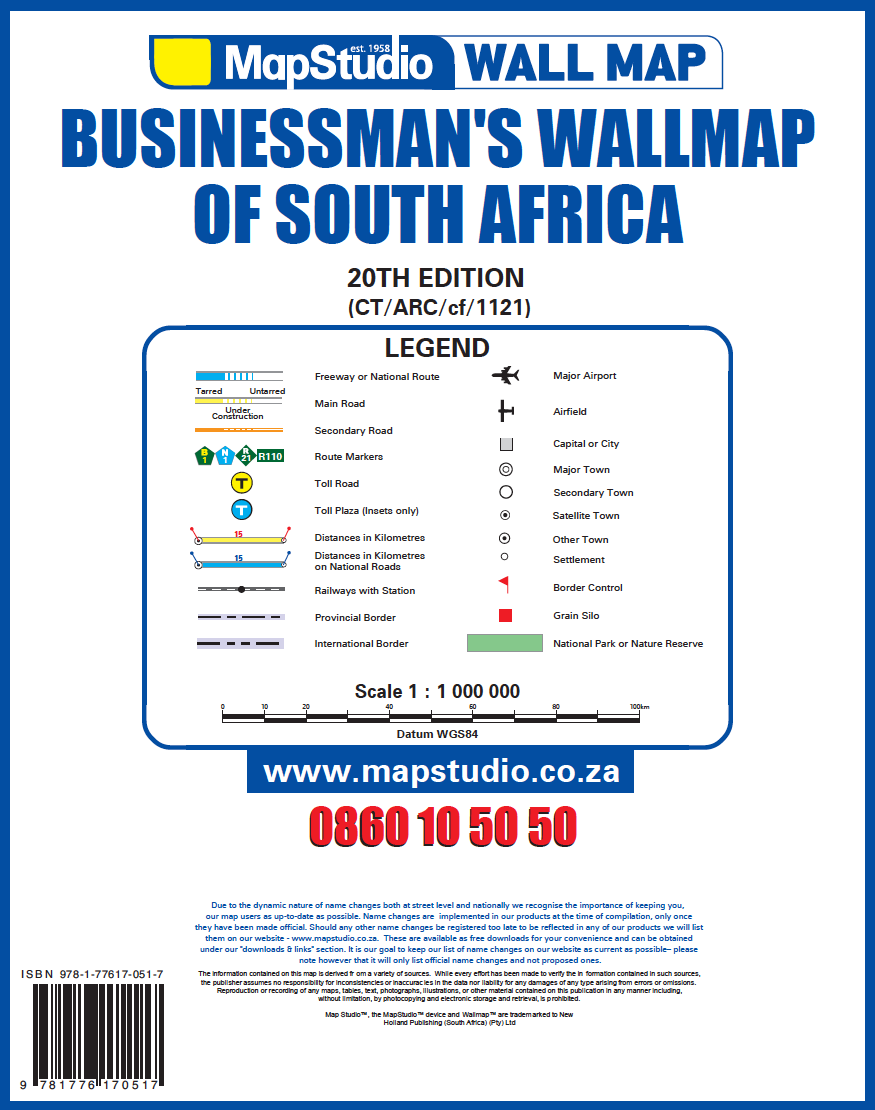 MapStudio Businessman's wall map of South Africa legend and contact information.
