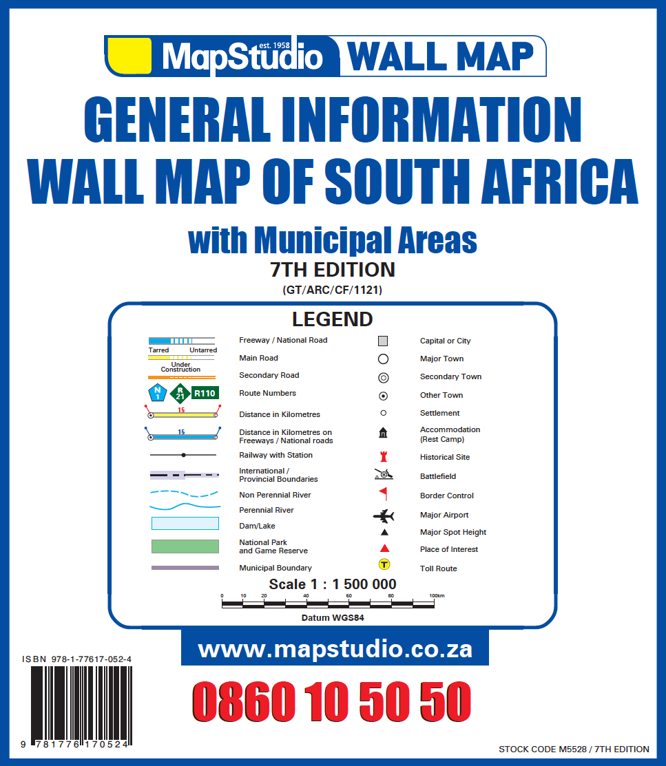 MapStudio wall map of South Africa, legend and contact information.