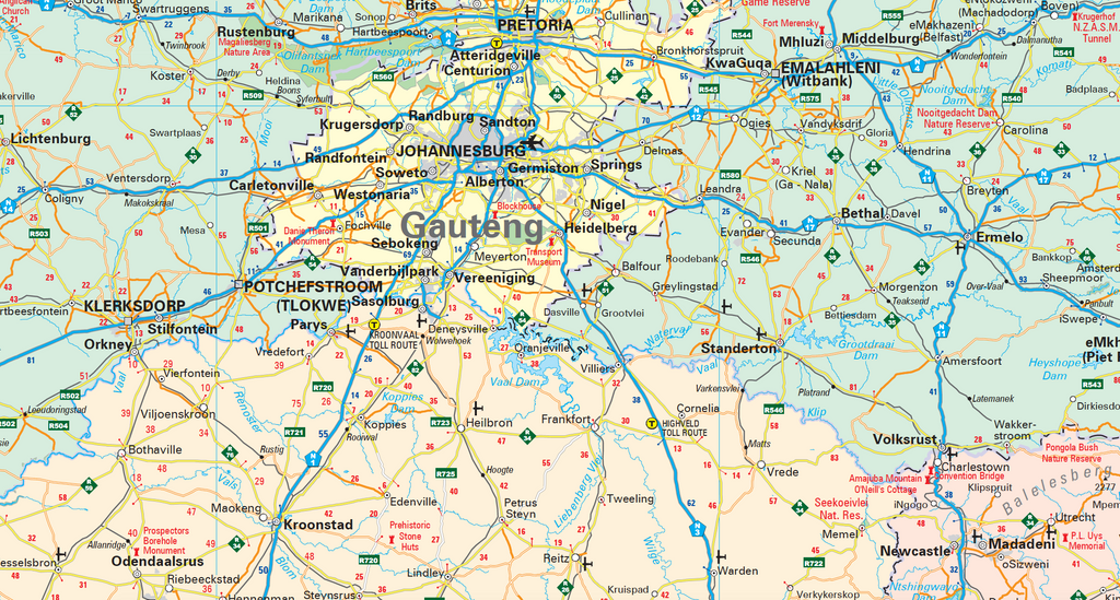 Map of Gauteng, Mpumalanga and Free State provinces with various locations marked.
