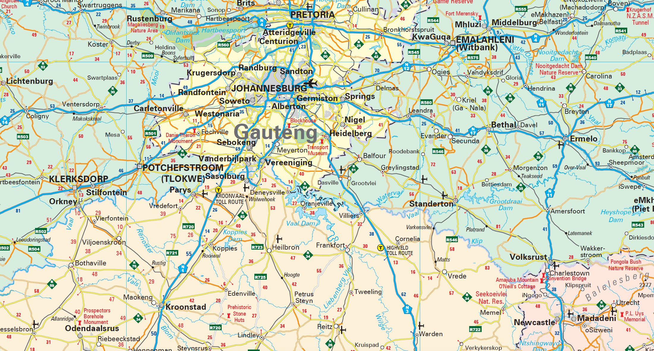 Map of Gauteng, Mpumalanga and Free State provinces with various locations marked.