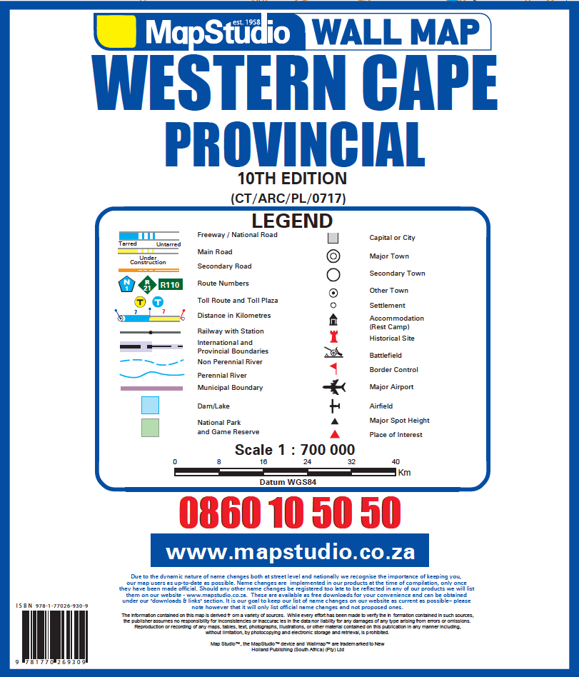 MapStudio Western Cape Provincial wall map legend and contact information.
