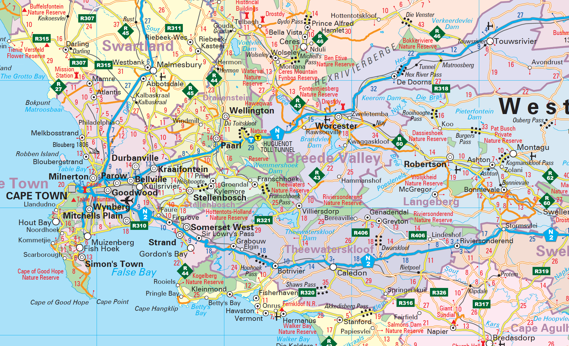 Map of the Western Cape region in South Africa with various locations marked.