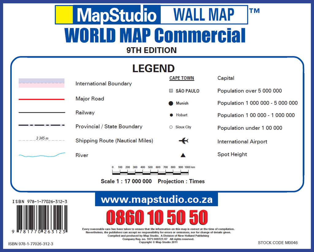 MapStudio world map commercial wall map legend and contact details.