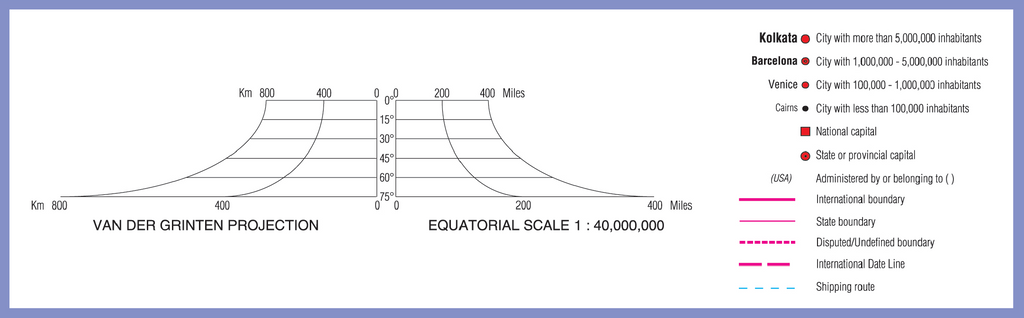 Map projection diagram with Van der Grinten projection and equatorial scale, and map legend.