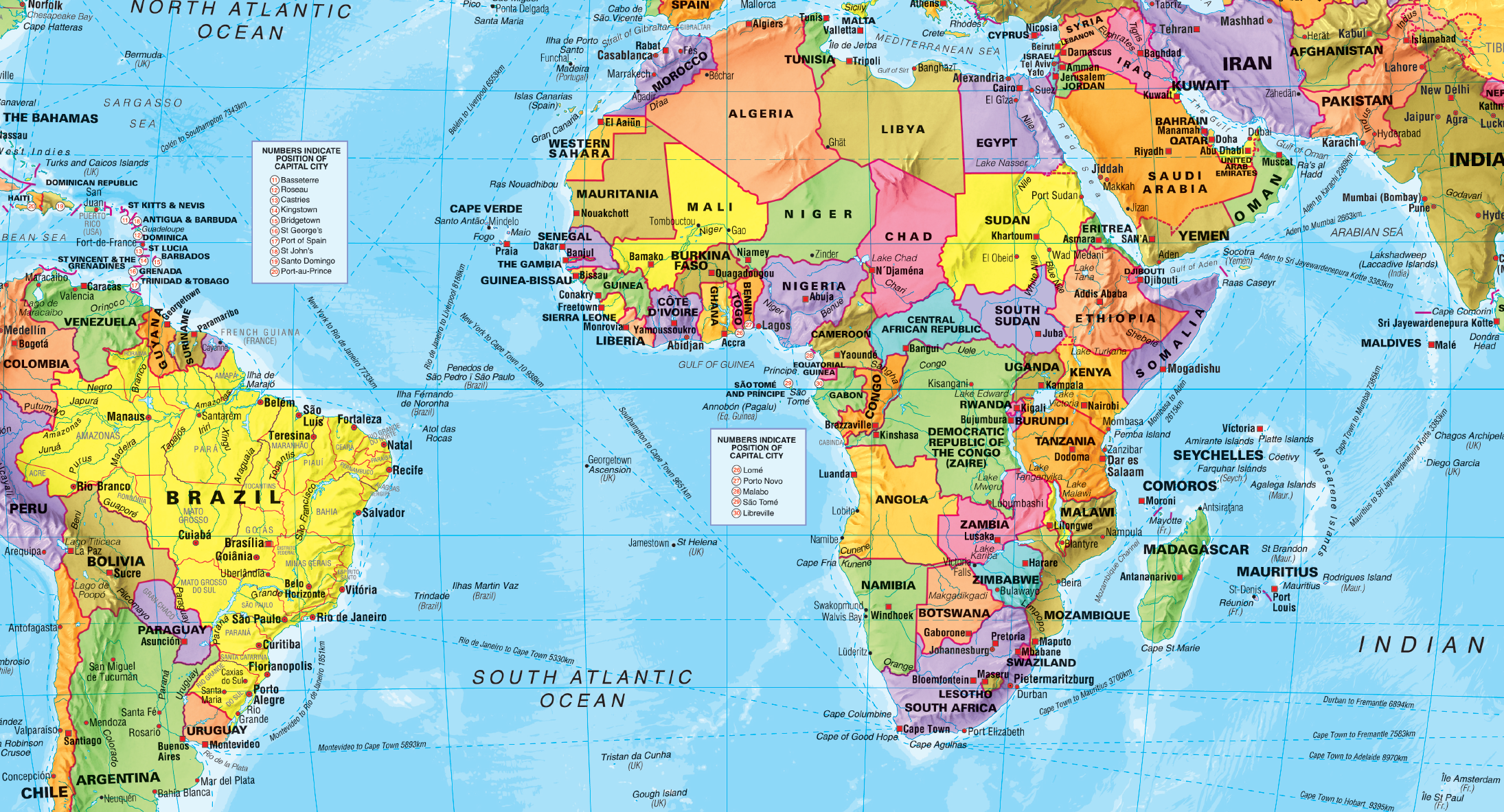 Colorful world map focusing on Africa with country names.