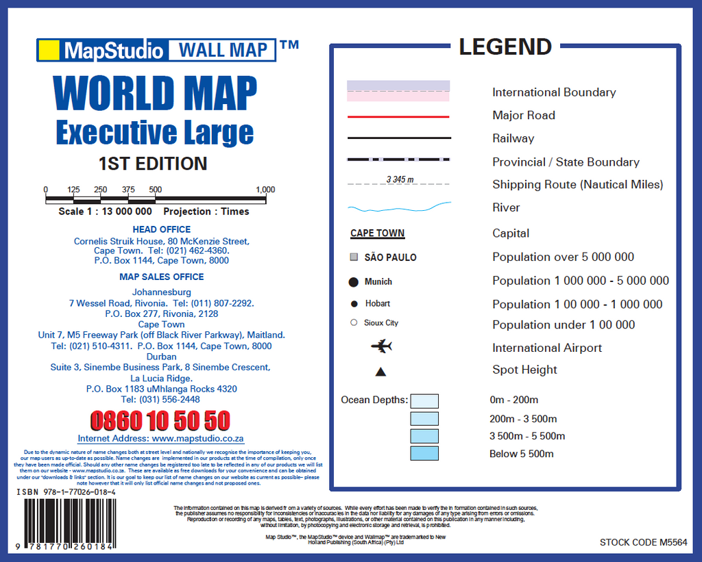 MapStudio World Map Executive Large packaging with map legend and contact information.