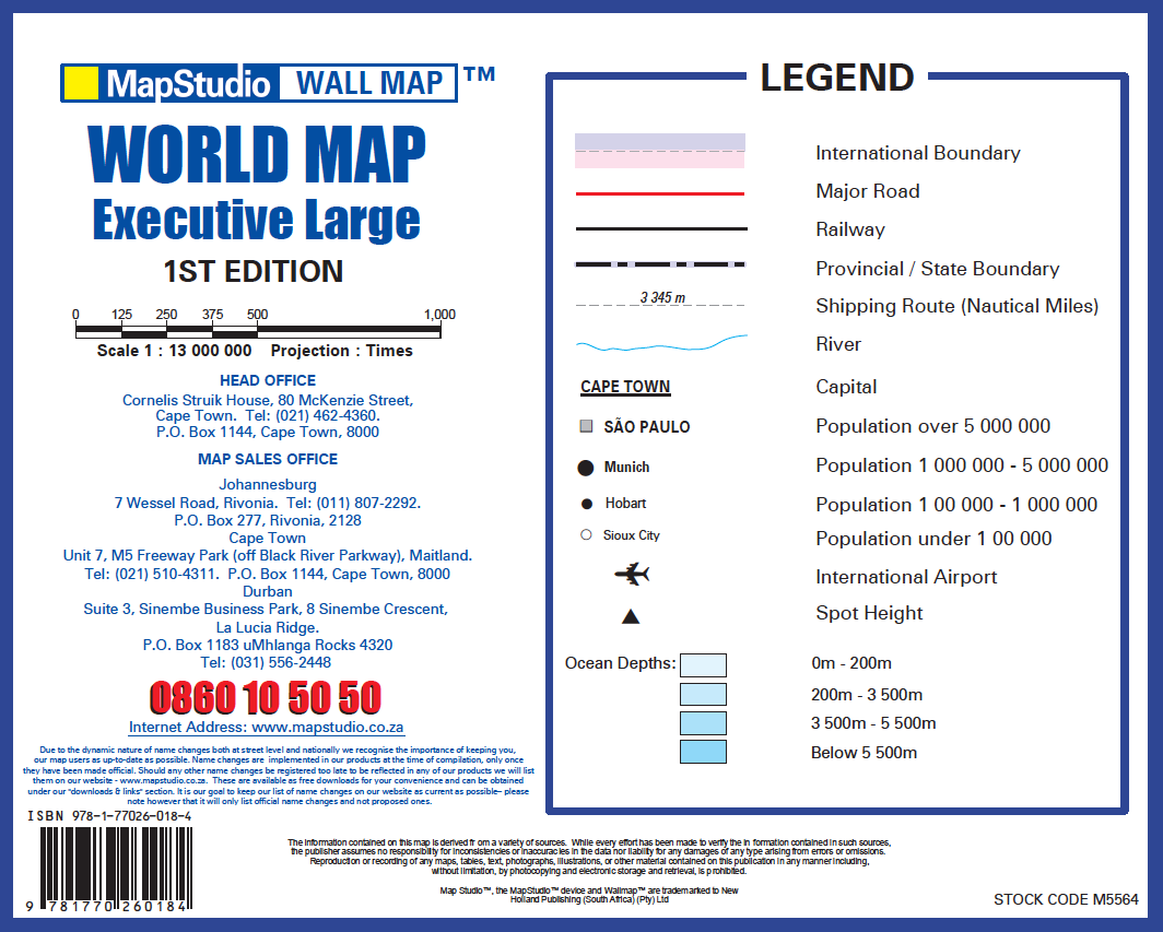 MapStudio World Map Executive Large packaging with map legend and contact information.