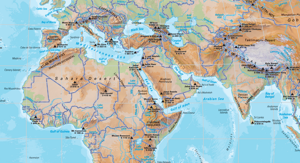 Map of Africa, Asia and Europe with labeled desert regions.