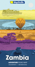 Illustrated map cover of Zambia with a hot air balloon, train, and vehicle on a blue background.