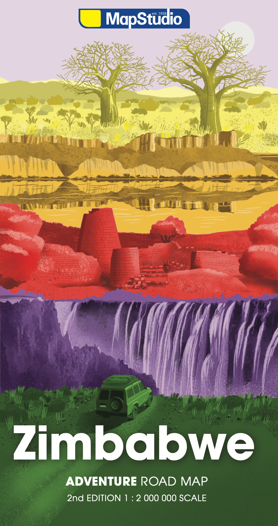 MapStudio Zimbabwe adventure road map with a scenic design of trees, water, and landscape.