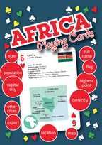 Africa playing cards with map and information on the features on a blue background